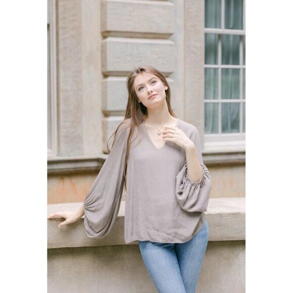 CobbleStone Blouse Women’s M/L Gray Balloon Sleeve Italy Priya Top Minimalist - Picture 3 of 16